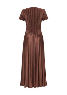 Pleated Waist-Cinched Dress | Brown