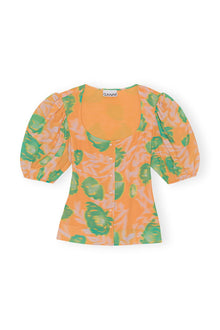 Printed Crepe Button Down Blouse | Vibrant Orange