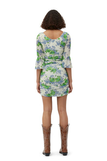 Printed Mesh U neck Ruched Mini Dress | Egret