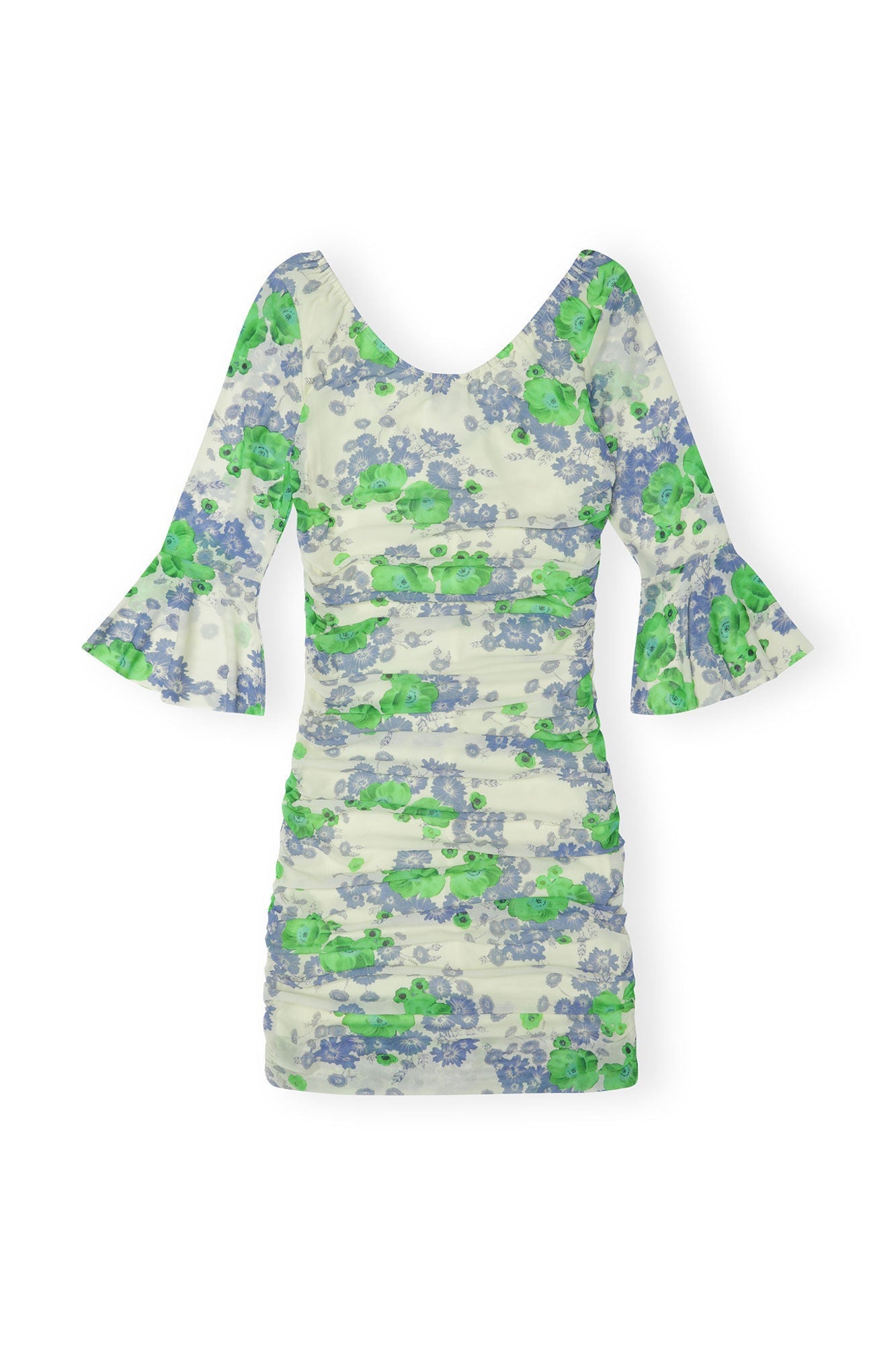 Printed Mesh U neck Ruched Mini Dress | Egret