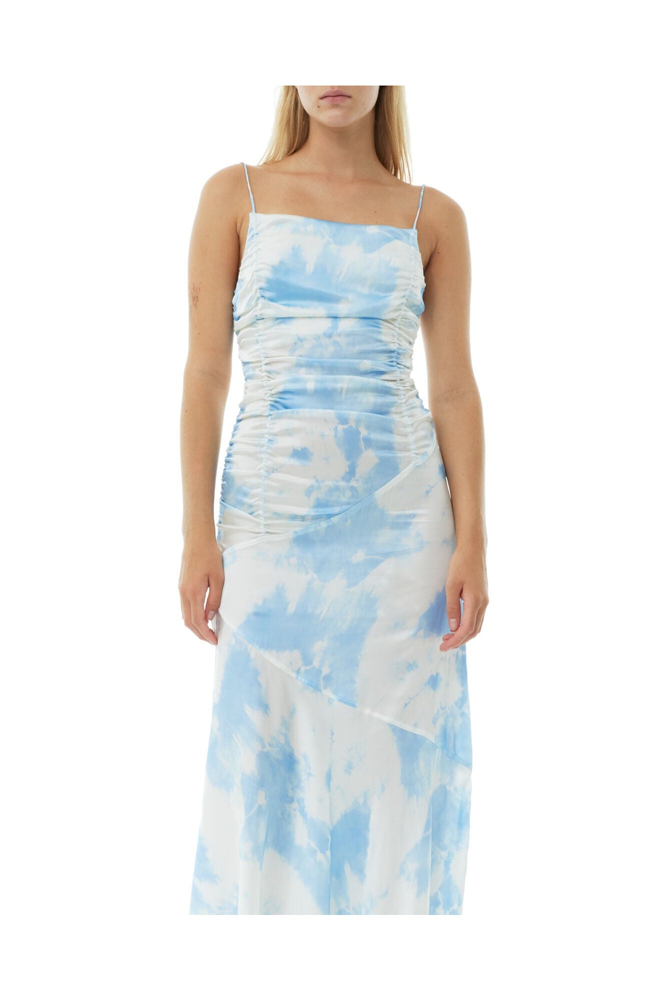 Printed Satin Ruched Long Slip Dress | Powder Blue