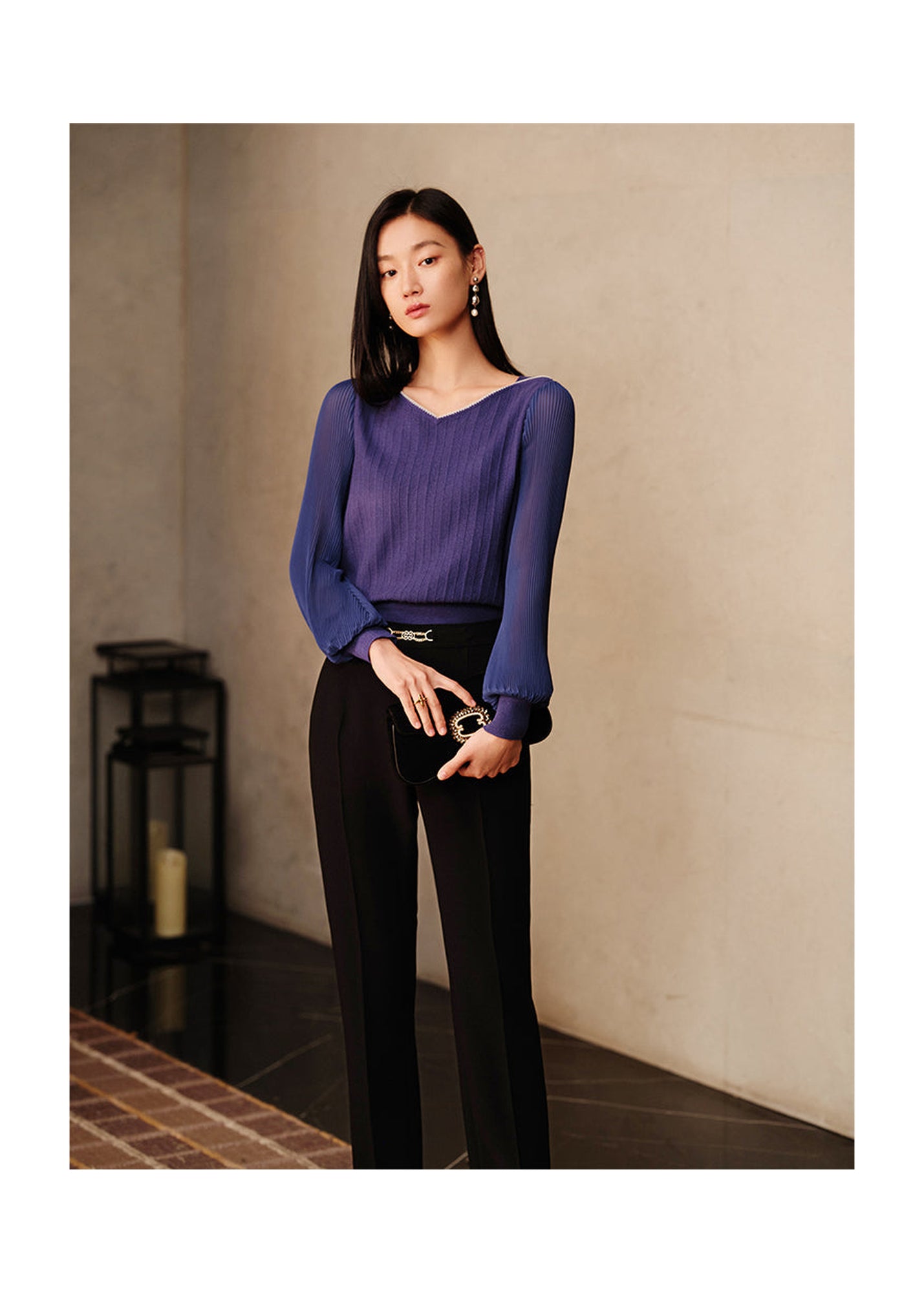 Puff Sleeves Knitted Shirt | Purple