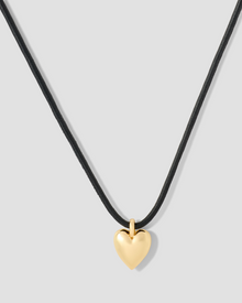 Small Puffy Heart Leather Cord Necklace gold necklace - front view | fine necklaces