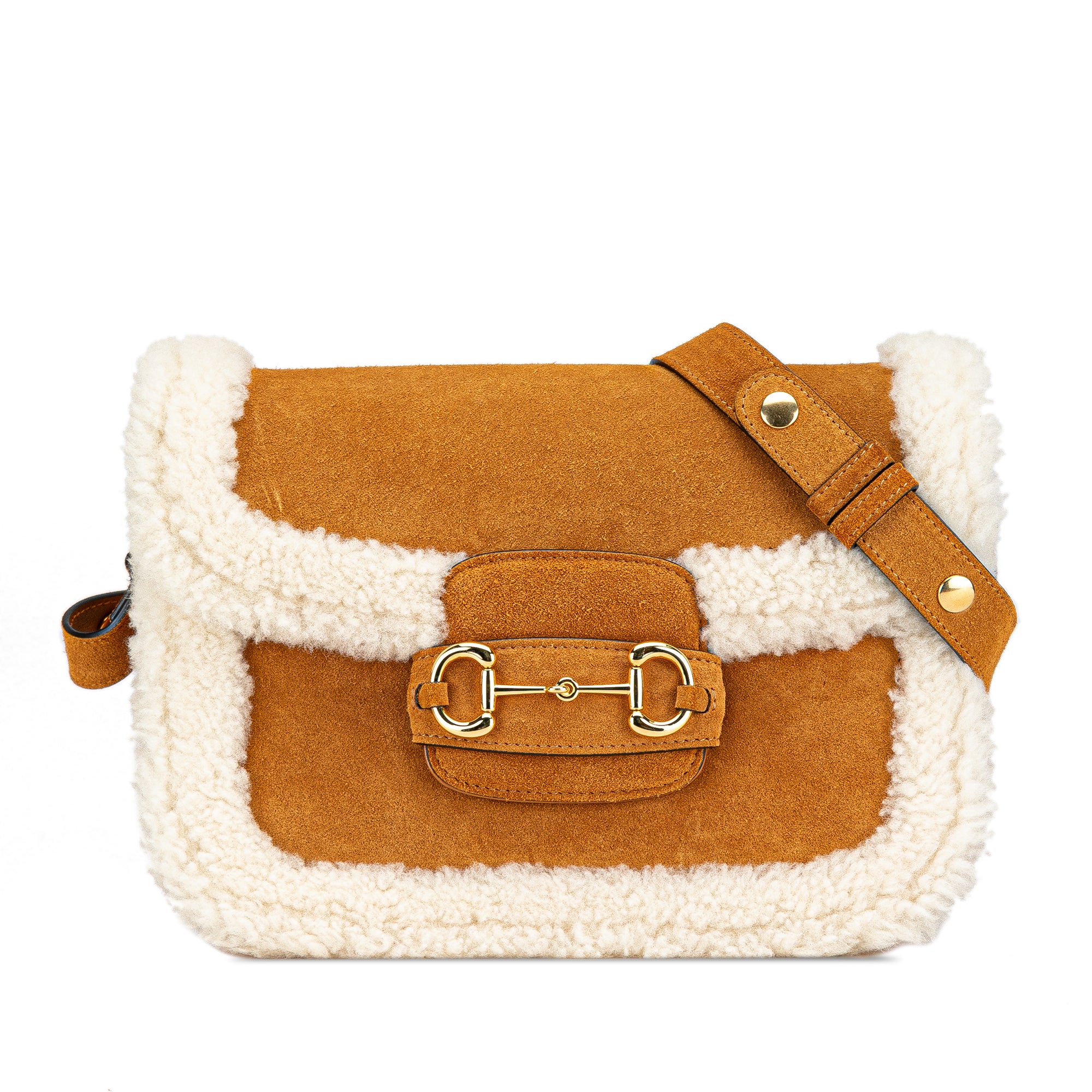 Gucci | Pre-Owned Small Shearling Trimmed Suede Horsebit 1955 Crossbody | Brown
