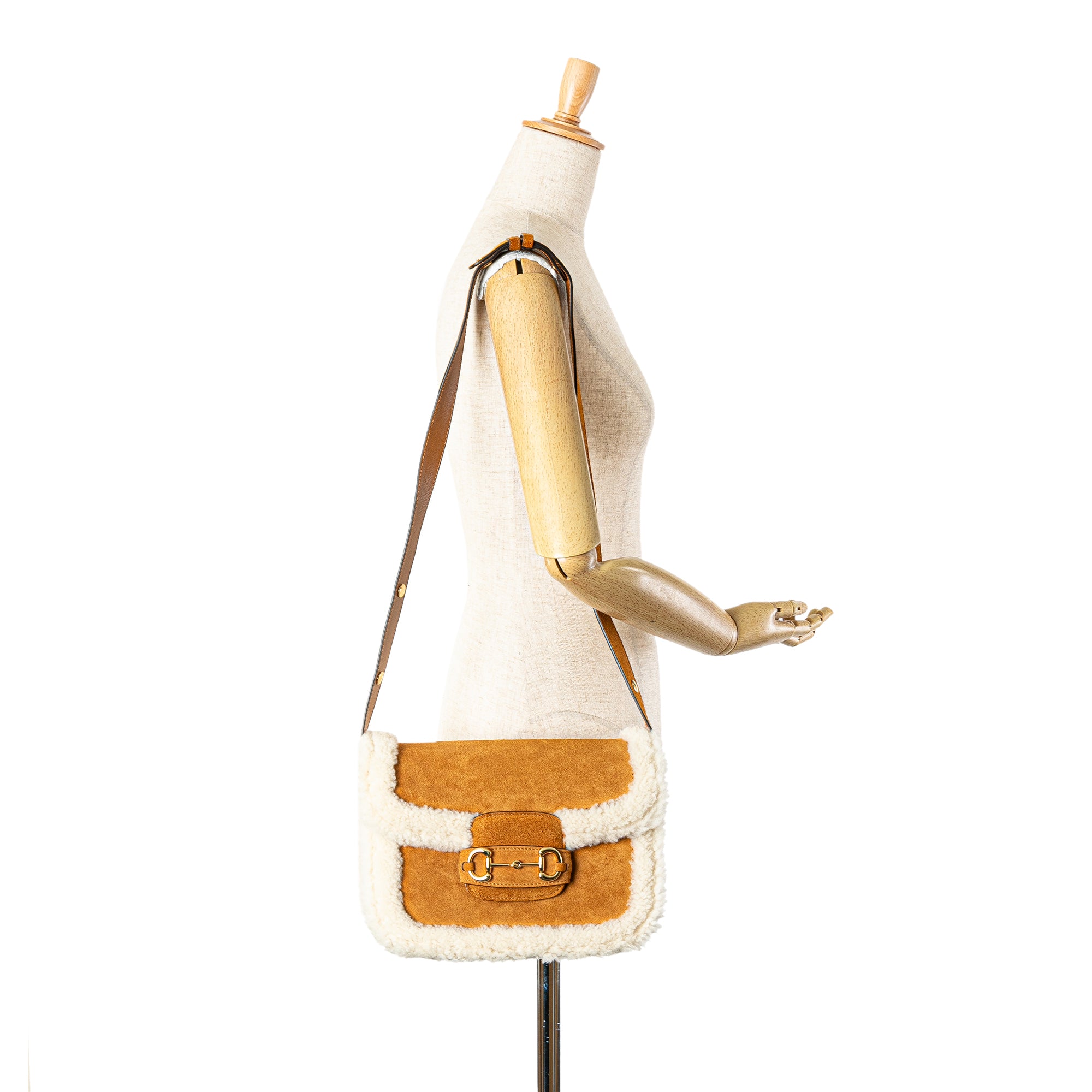 Gucci | Pre-Owned Small Shearling Trimmed Suede Horsebit 1955 Crossbody | Brown