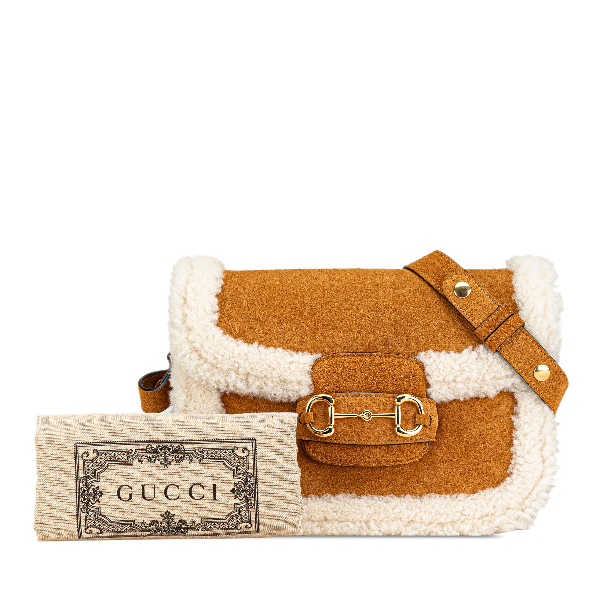 Gucci | Pre-Owned Small Shearling Trimmed Suede Horsebit 1955 Crossbody | Brown