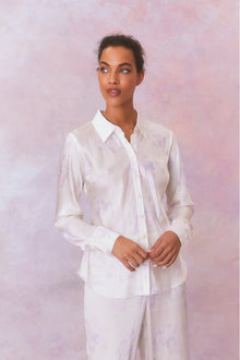 Womens | Quintenette Silk Printed Rosette Top | Lilac Pearl