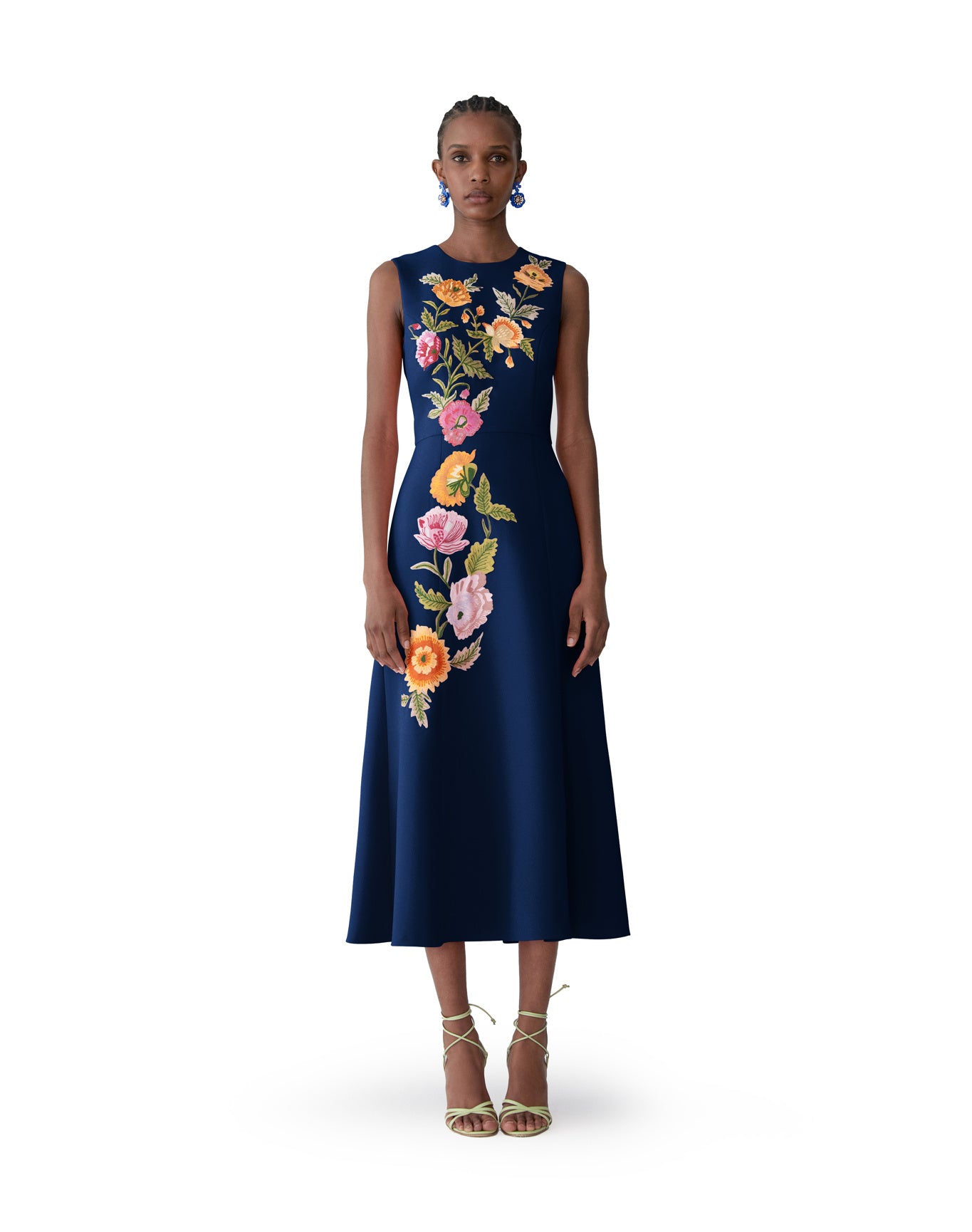 Embroidered Sleeveless Crewneck Flare Dress | Midnight Multi