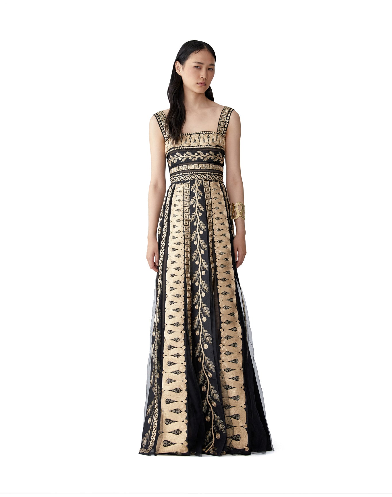 Embroidered Thick Strap A-Line Gown | Gold Multi