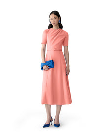 Short Sleeve Draped Crewneck Midi Dress With Self Belt | Sunset