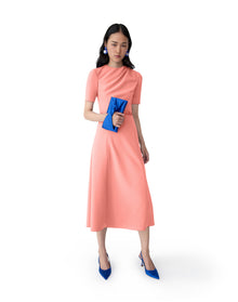 Short Sleeve Draped Crewneck Midi Dress With Self Belt | Sunset
