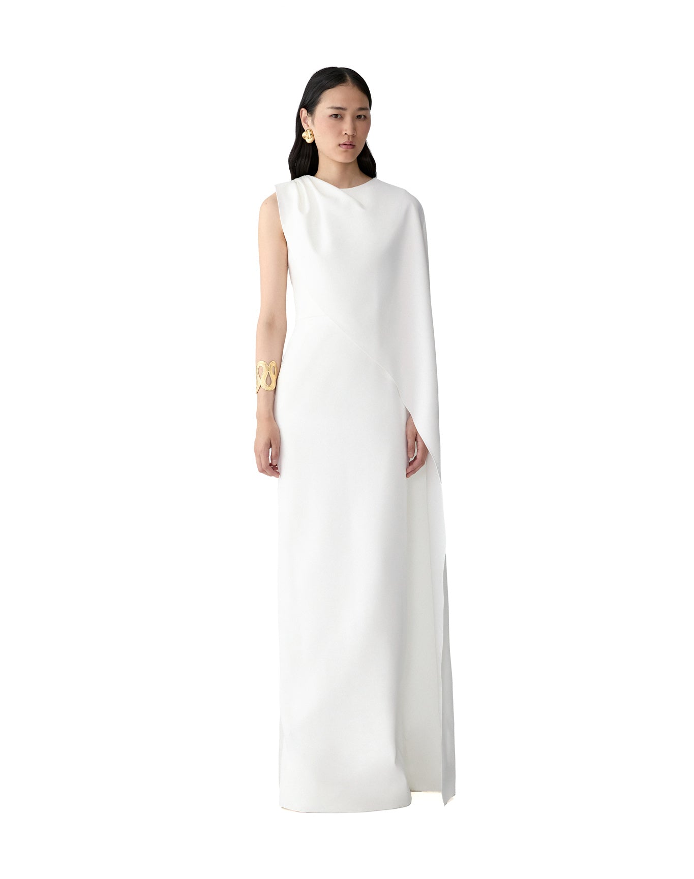 Column Gown With One Shoulder Drape | White