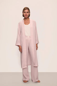 Model is wearing Nautico Midi Robe in  Feeder Stripes Pale Mauve/White