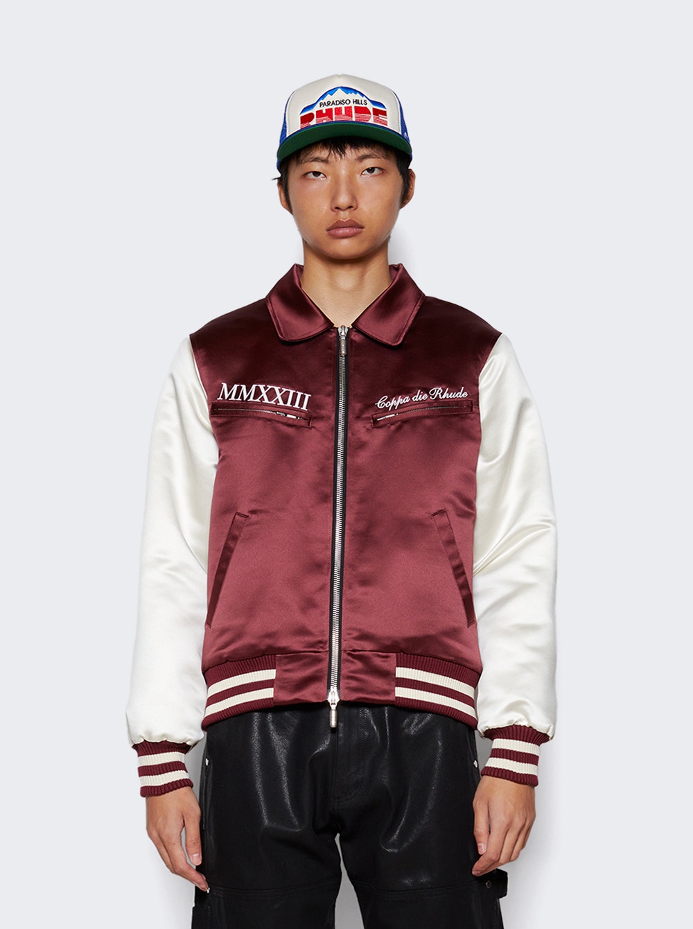 Men | Rhude | Satin Varsity Jacket | Maroon