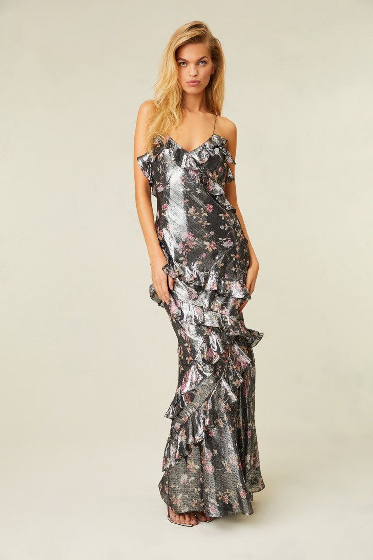 Metallic, floral-printed maxi dress.