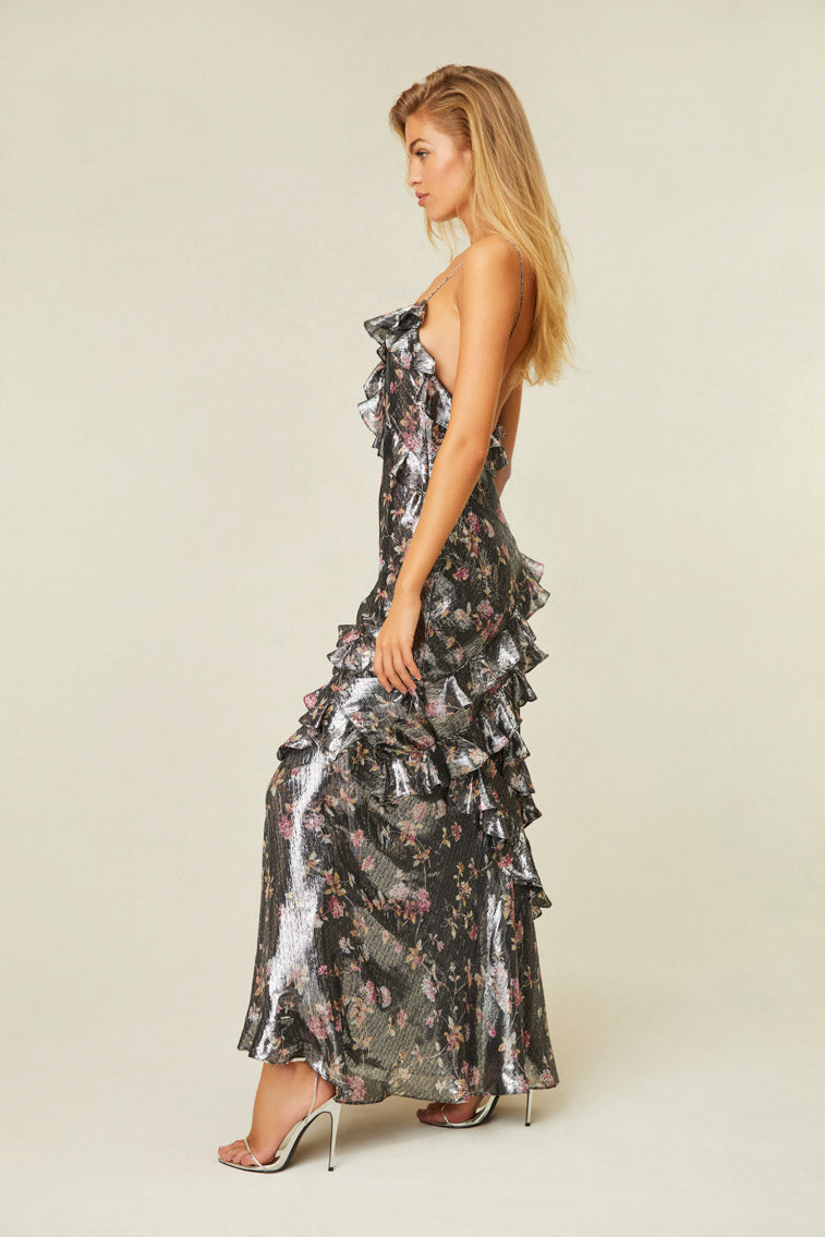 Metallic, floral-printed maxi dress.