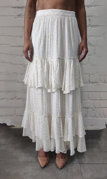 Rococo Sand | Aine Viscose Georgette Gold Boota Lurex Long Skirt | White