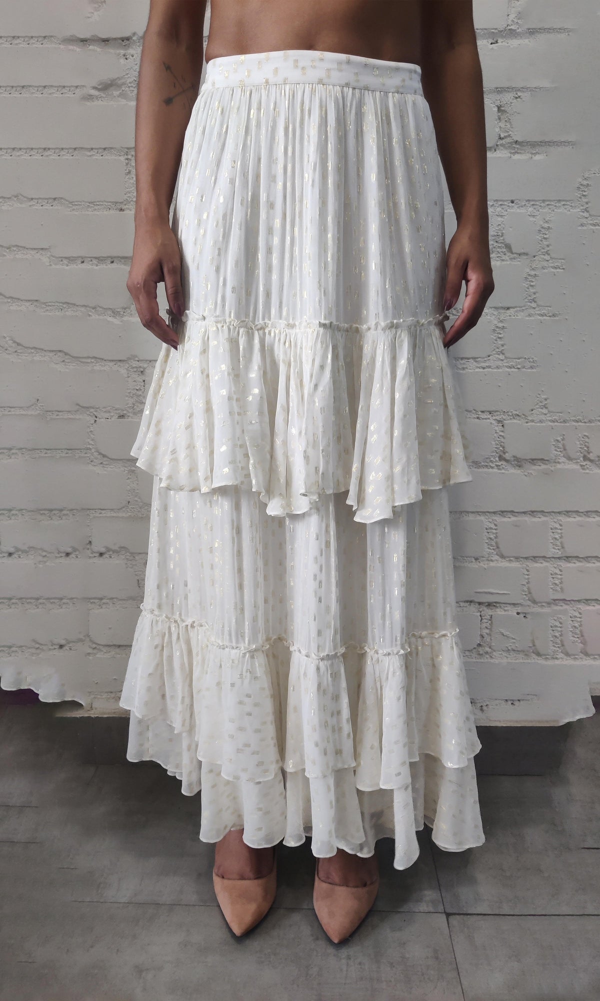 Rococo Sand | Aine Viscose Georgette Gold Boota Lurex Long Skirt | White