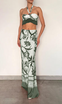 Rococo Sand | Ciro Polyester Satin Lycra Fringe Top | Sage Green