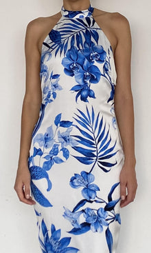 Womens | Gabi Polyester Satin Lycra Midi Dress | White Blue