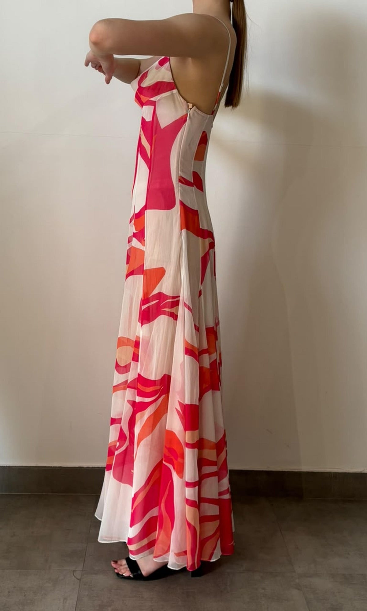 Rococo Sand | Inv Poly Chiffion Abstract Print Long Dress | Pink/White