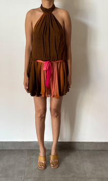 Rococo Sand | Inv Viscose Flat Chiffon Halter Neck Short Dress | Brown