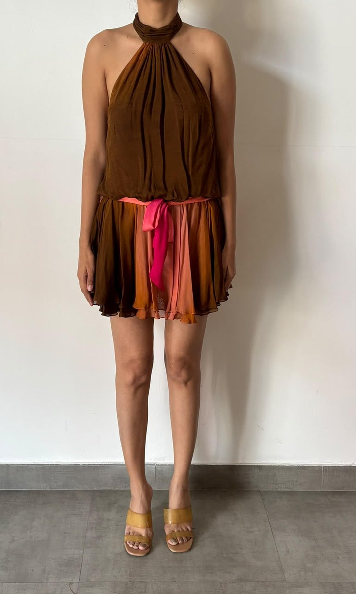 Rococo Sand | Inv Viscose Flat Chiffon Halter Neck Short Dress | Brown