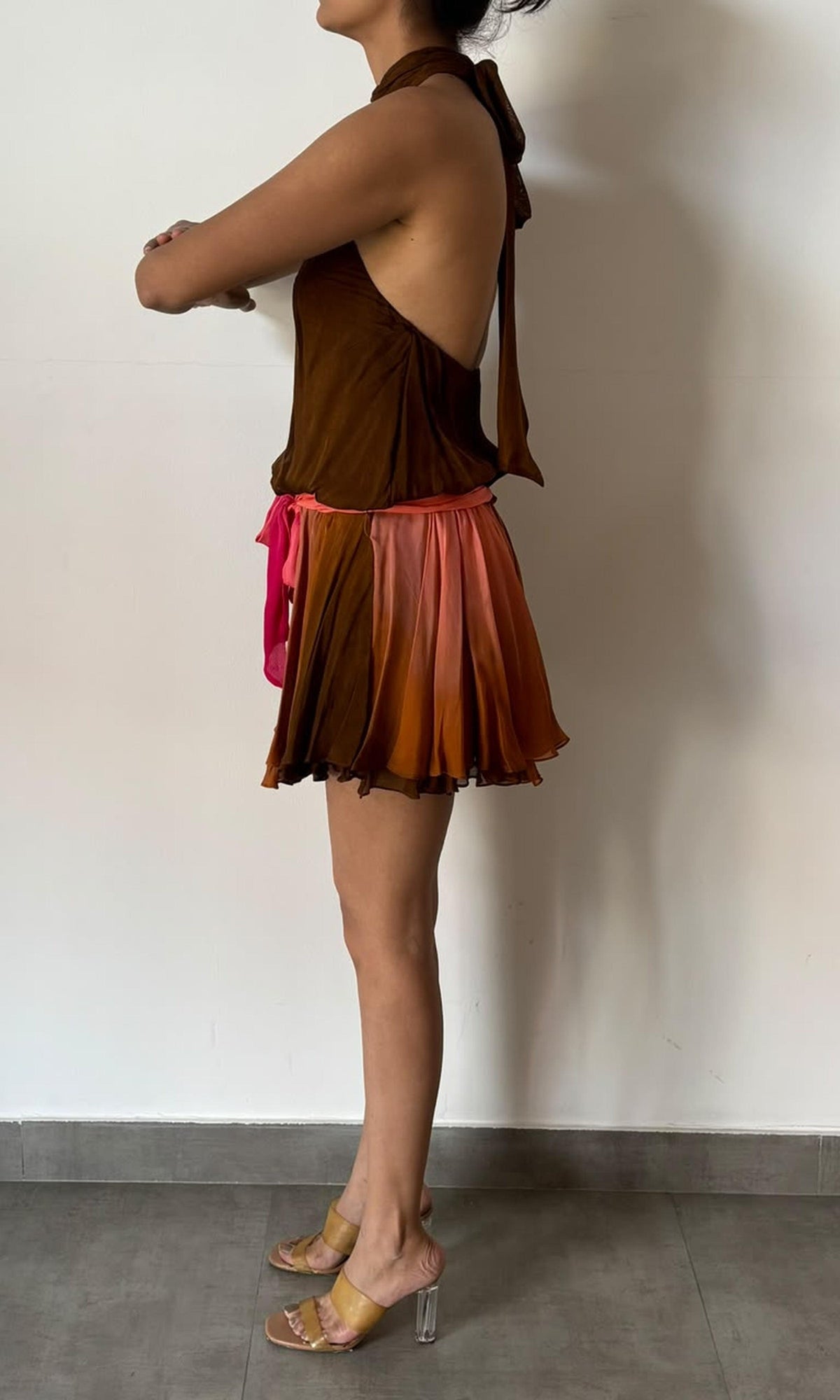 Rococo Sand | Inv Viscose Flat Chiffon Halter Neck Short Dress | Brown