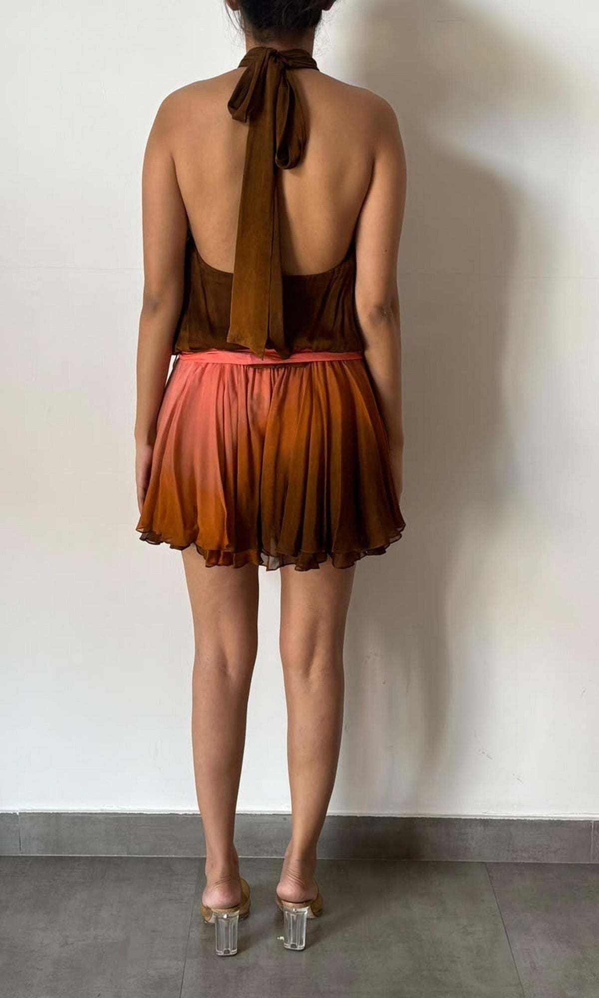 Rococo Sand | Inv Viscose Flat Chiffon Halter Neck Short Dress | Brown