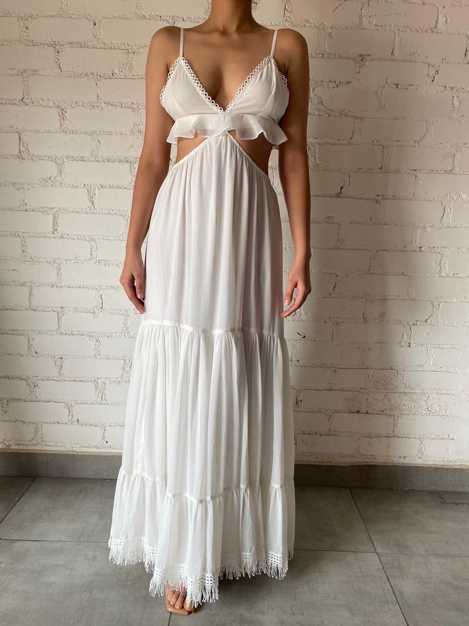 Rococo Sand | Chiffon Spaghetti Strap Long Dress | White