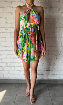 Womens | Inv Viscose Chiffon Gold Dobby Short Dress | Green Print