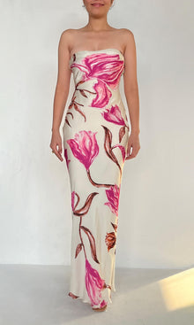 Womens | Inv Viscose Satin Lycra Long Dress | White-Pink