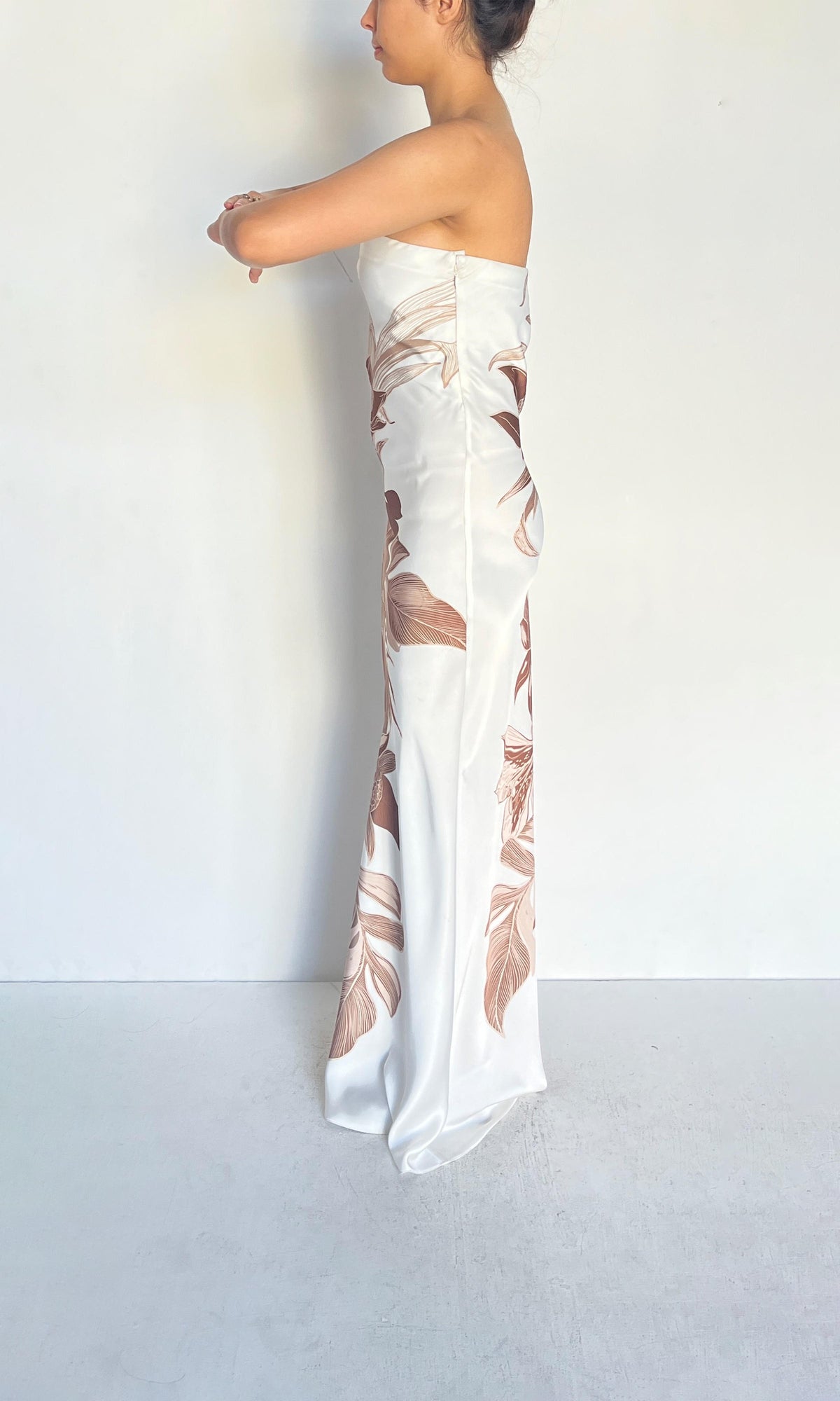 Womens | Inv Polyester Satin Strapless Maxi Dress | Brown White