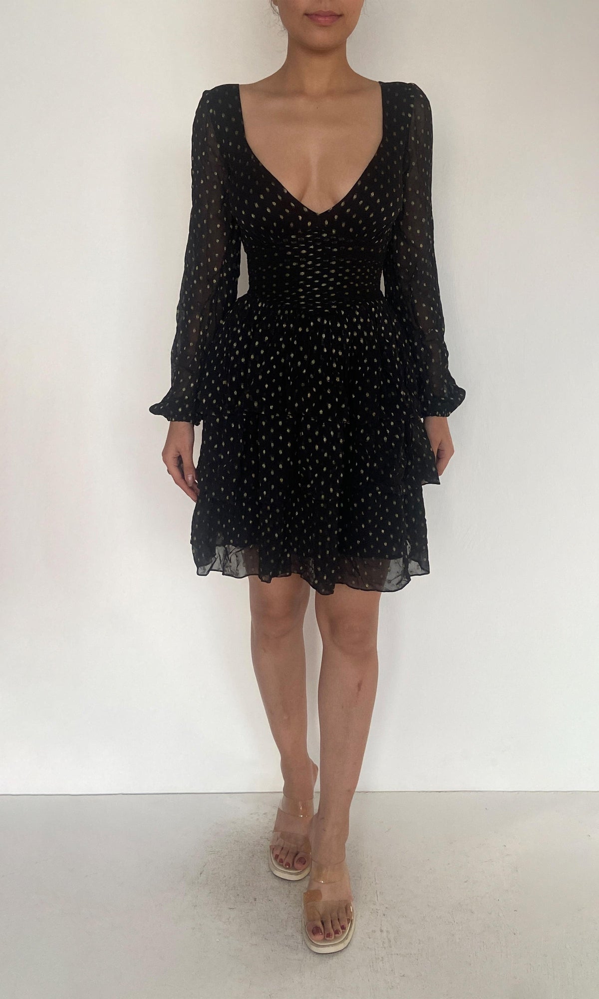 Rococo Sand | Inv Viscose Georgtte Gold Dobby Short Dress | Black