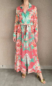 Rococo Sand | Ivy Gold And Silver Thin Stripe Lurex Georgette Long Dress With Slip And Tie Up Belt | Mint Green/Coral