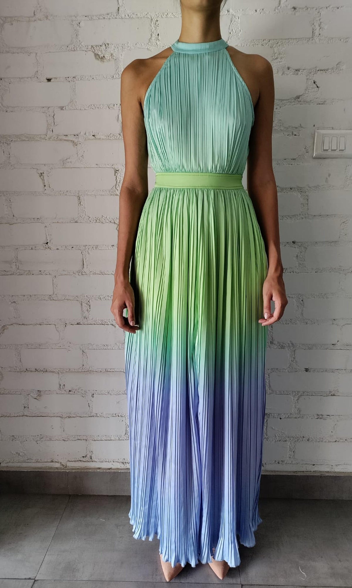 Womens | Kiki Polyester Satin Long Dress | Green/Blue