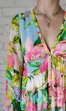 Womens | Lora Viscose Gold Stripe Georgette High Low Dress | Multicolor Hibiscus