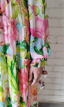 Womens | Lora Viscose Gold Stripe Georgette High Low Dress | Multicolor Hibiscus