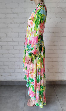 Womens | Lora Viscose Gold Stripe Georgette High Low Dress | Multicolor Hibiscus