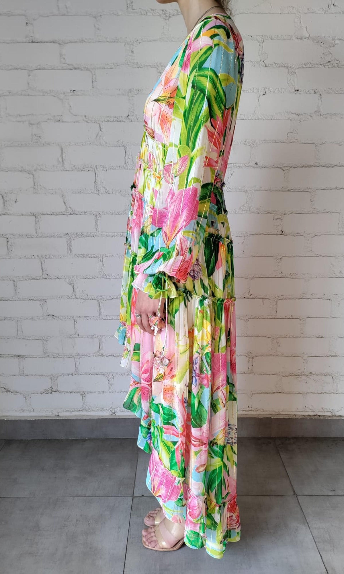 Womens | Lora Viscose Gold Stripe Georgette High Low Dress | Multicolor Hibiscus