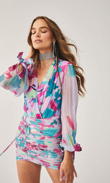 Womens | Lyan Viscose Crinkle Chiffon Bodysuit | Lilac Multi