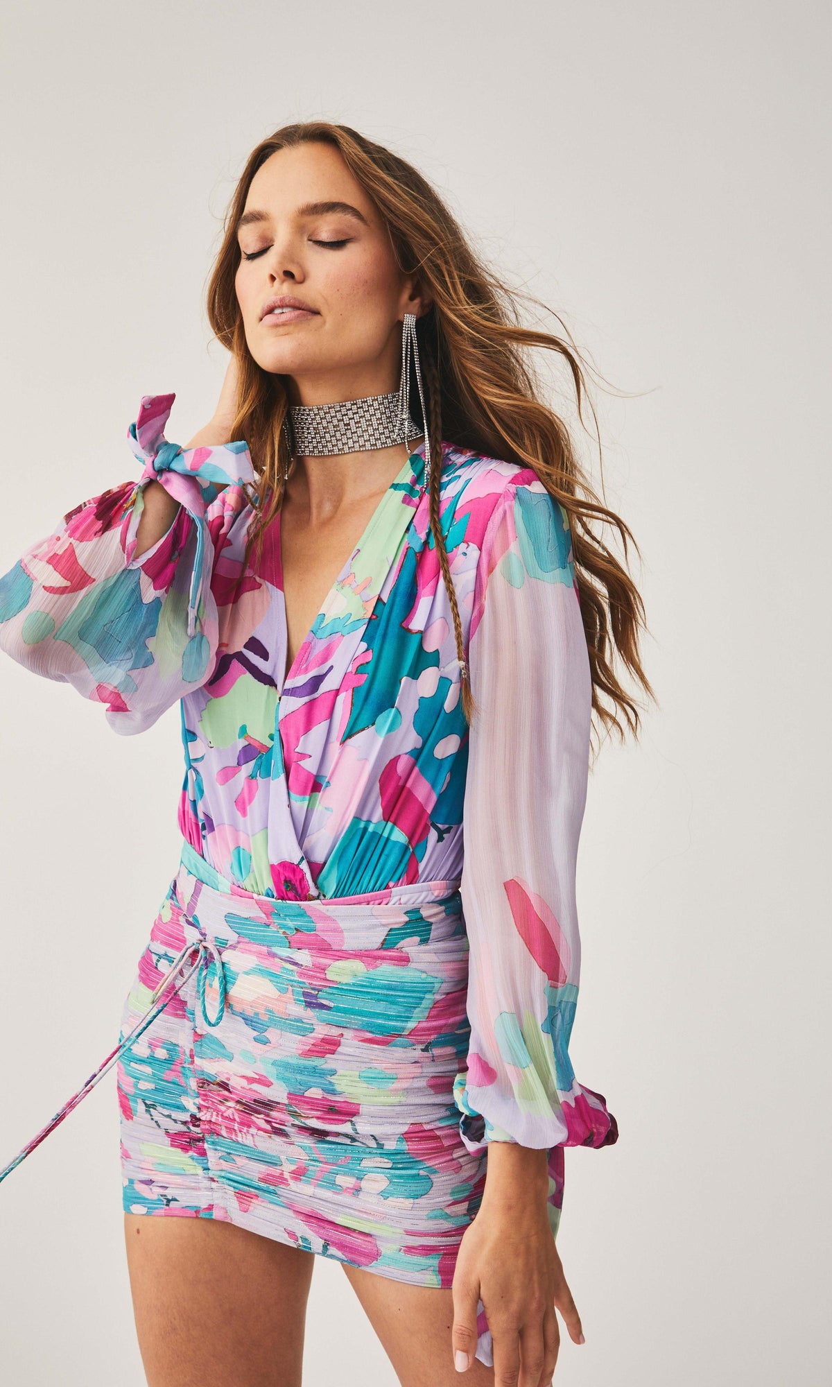 Womens | Lyan Viscose Crinkle Chiffon Bodysuit | Lilac Multi