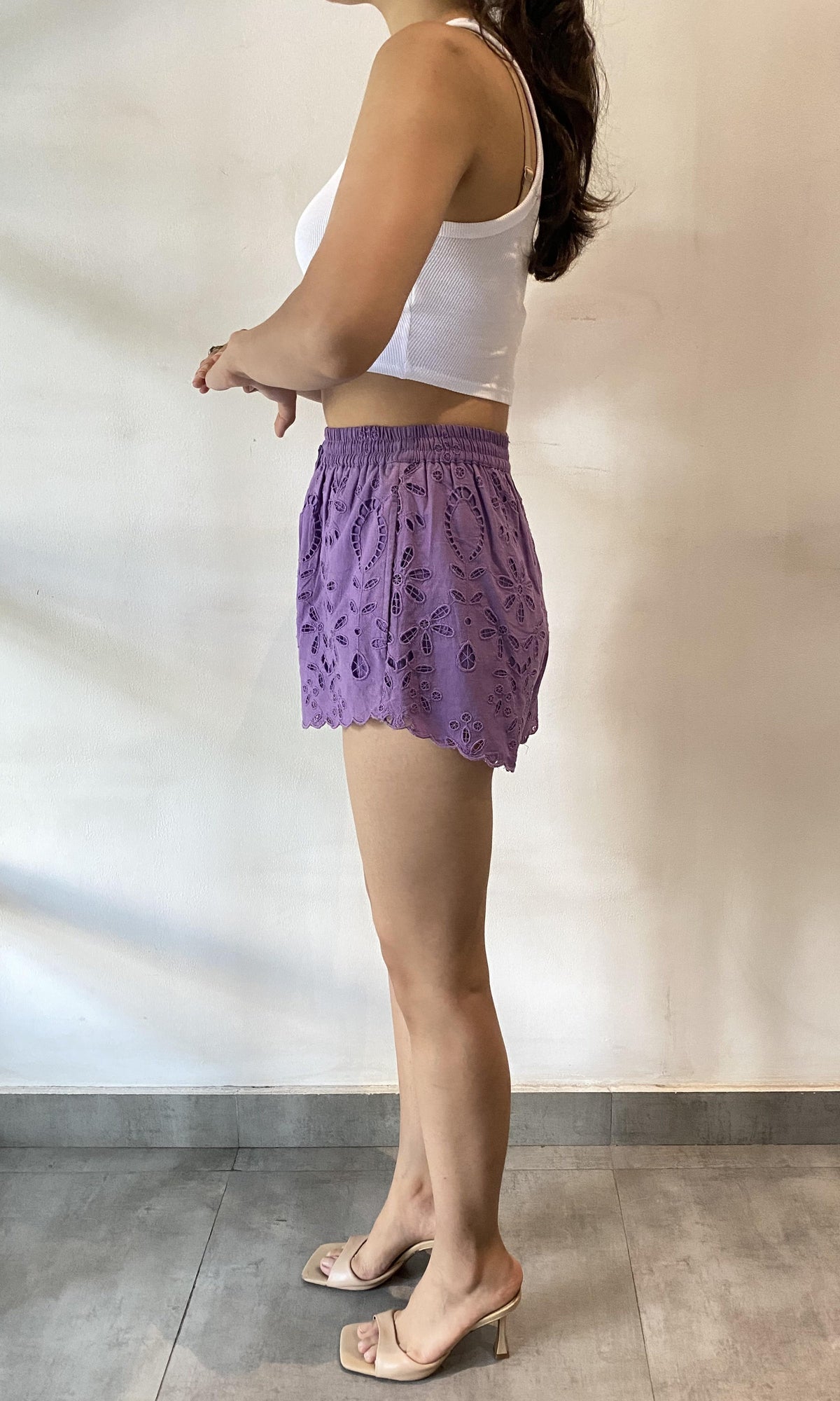 Rococo Sand | Moss Cotton Schiffli Shorts | Purple