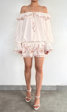 Rococo Sand | Myril Cotton Double Cloth Gauze Embroidered Off Shoulder Mini Dress | White Terracotta