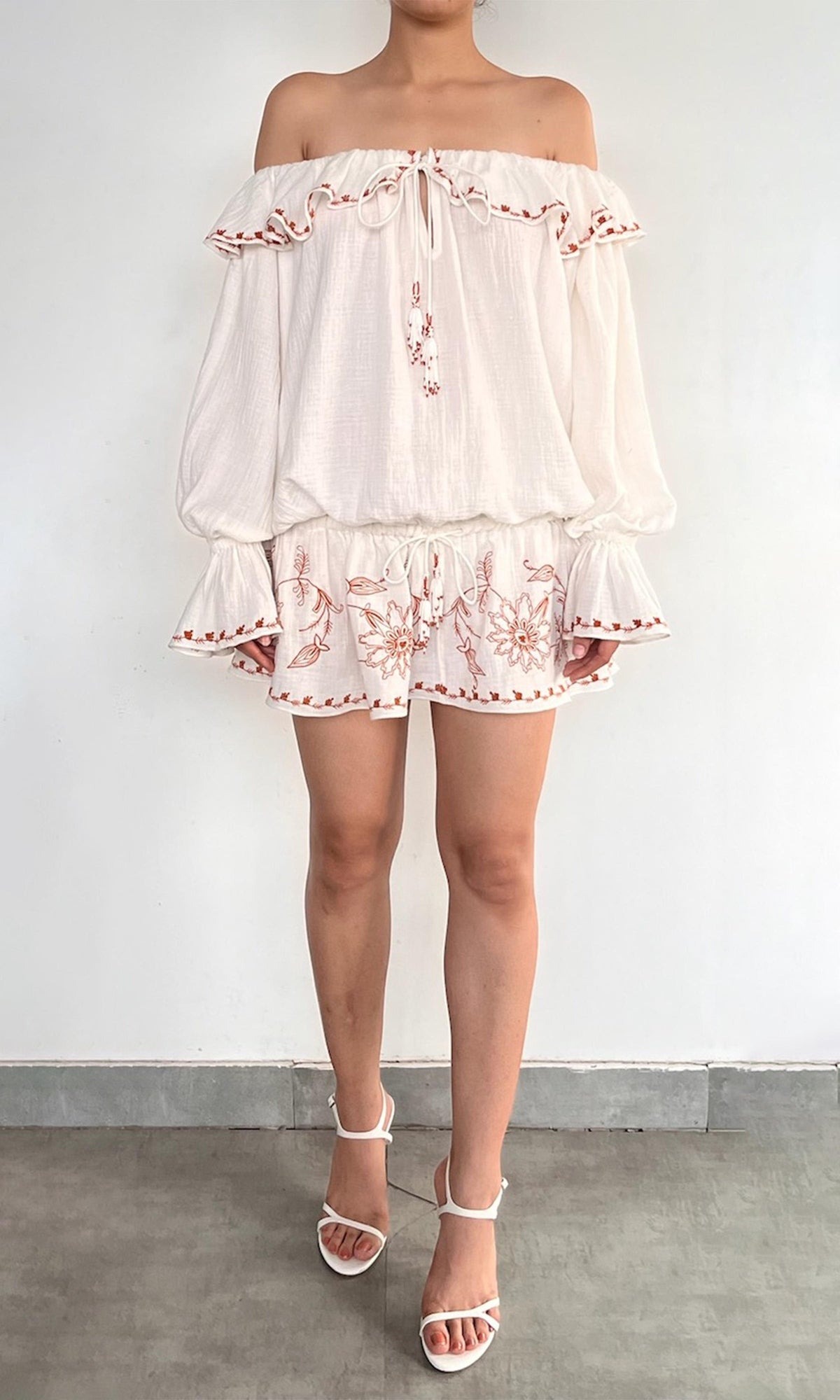 Rococo Sand | Myril Cotton Double Cloth Gauze Embroidered Off Shoulder Mini Dress | White Terracotta