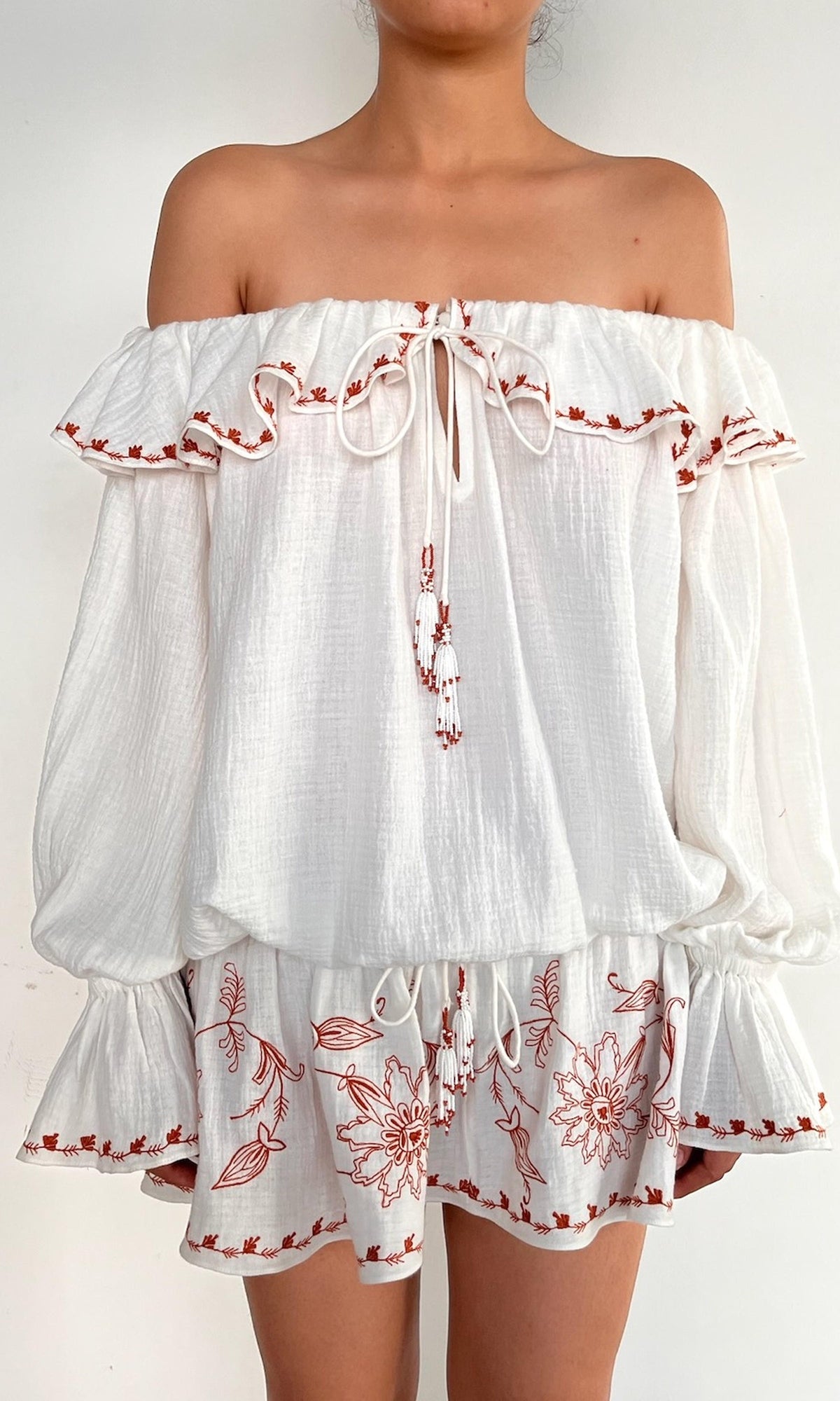 Rococo Sand | Myril Cotton Double Cloth Gauze Embroidered Off Shoulder Mini Dress | White Terracotta