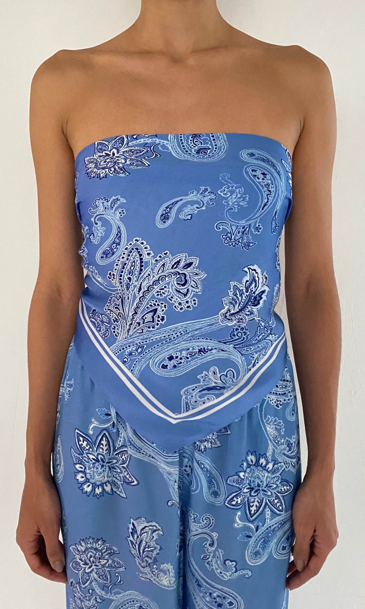 Womens | Navy Bemberg Cupro Satin Scarf Top | Light Blue