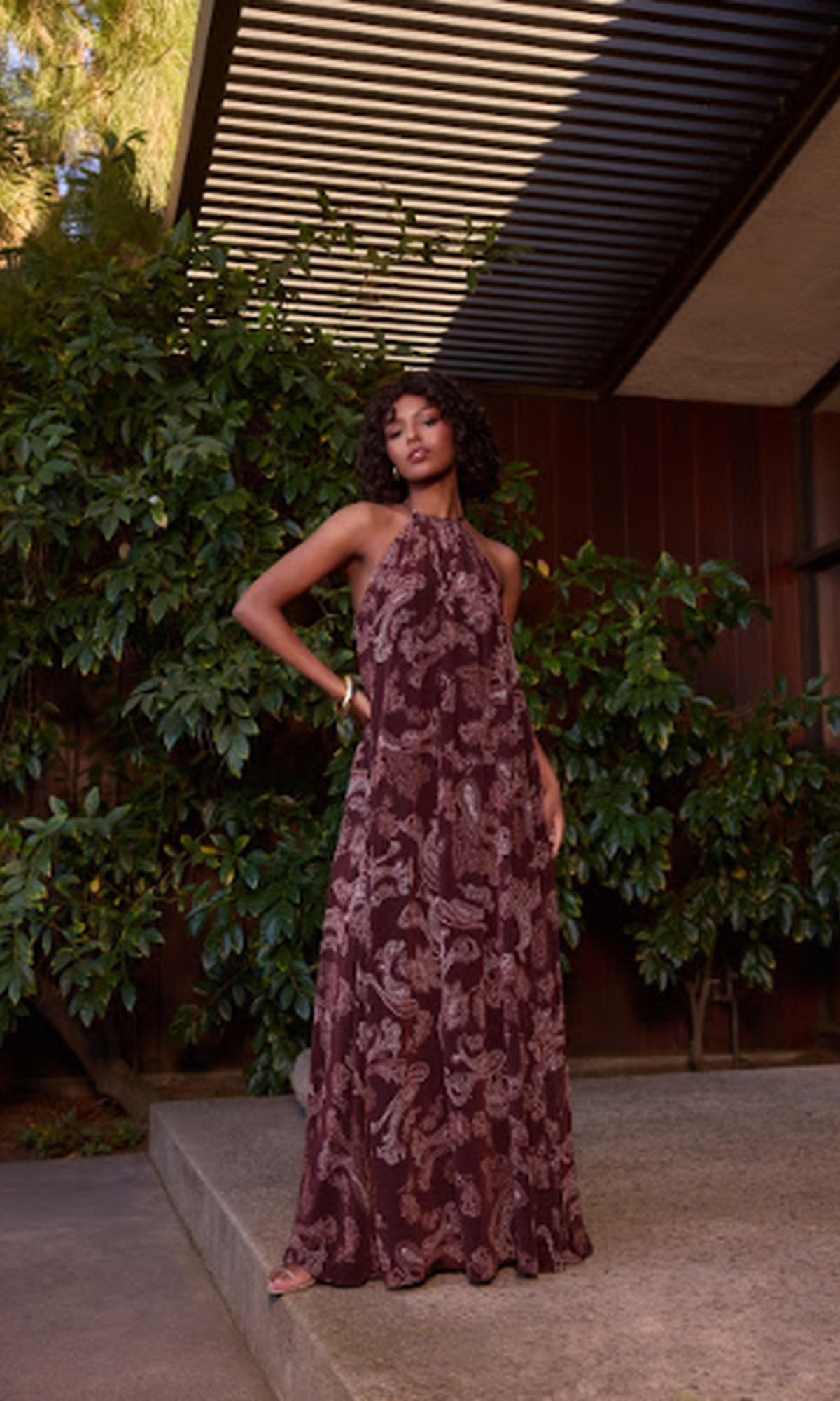 Rococo Sand | Orla Viscose Natural Crepe Flared Maxi Dress | Brown Beige
