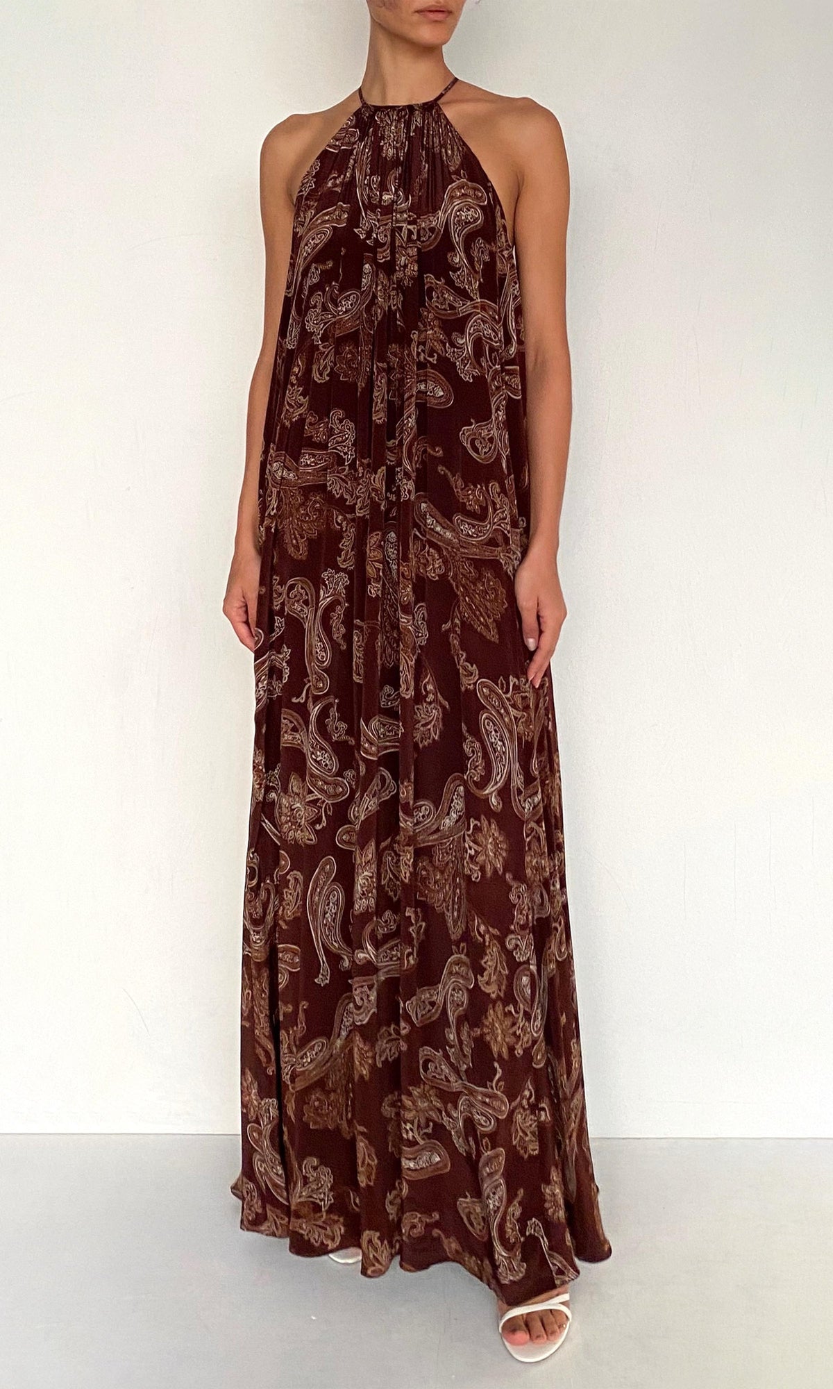 Rococo Sand | Orla Viscose Natural Crepe Flared Maxi Dress | Brown Beige