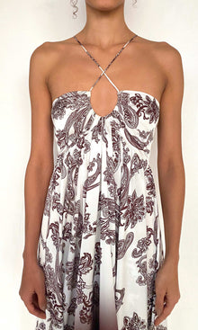 Rococo Sand | Orla Polyester Satin Lycra String Detail High Low Maxi Dress | Off-White Brown